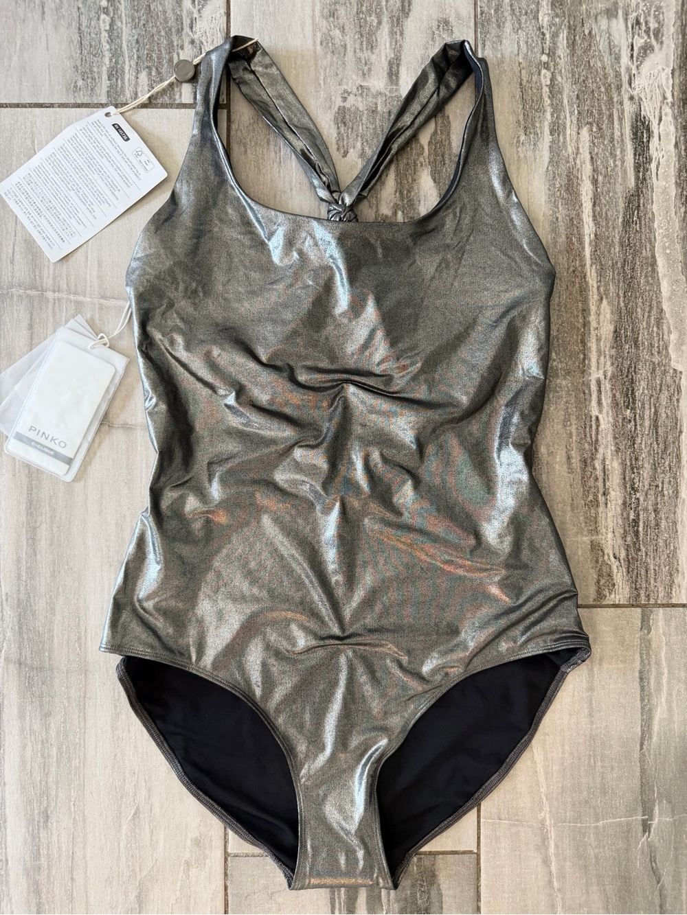 PINKO~C-CLIQUE~SHIMMERY METALLIC GRAY~ONE PIECE~SWIMSUIT~SZ LARGE~NWT